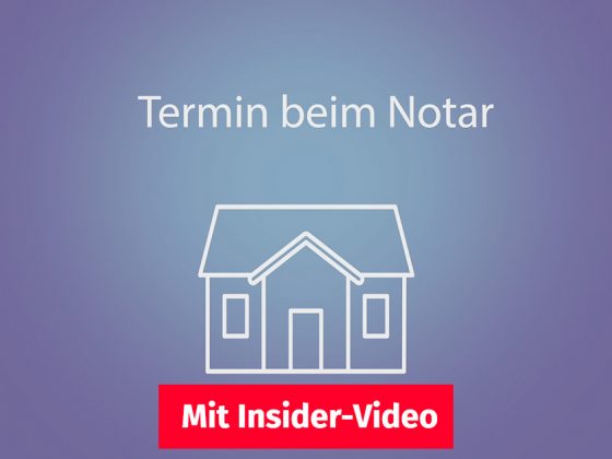 Illustration: Umriss eines Hauses vor einem lila Hintergrund, darüber steht "Termin beim Notar" und darunter befindet sich ein Button auf dem steht "Mit Insider-Video". | Notartermin