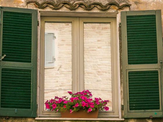 Altes Fenster mit grünen Holzfensterläden und einer Geranie auf der Fensterbank, umgeben von einer feuchten, teils abblätternden Fassade.