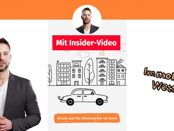 Links steht ein Mann und erklärt die aktuelle Entwicklung an den deutschen Immobilienmärkten, in der Mitte werden die Aussagen comicartig illustriert | Druck auf Mietmarkt nimmt weiter zu