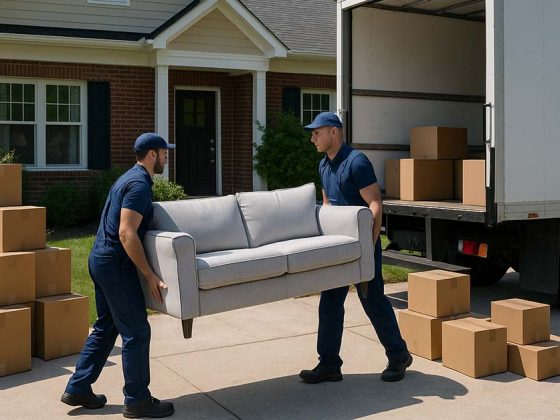 Möbelpacker tragen ein Sofa und Kartons aus dem Einfamilienhaus zum Umzugswagen, weil der Eigentümer berufsbedingt umzieht und das Haus verkauft | Immobilienverkauf