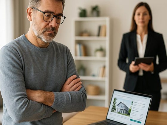 Ein Mann und eine Maklerin. Der mann versucht eine Entscheidung zu finden